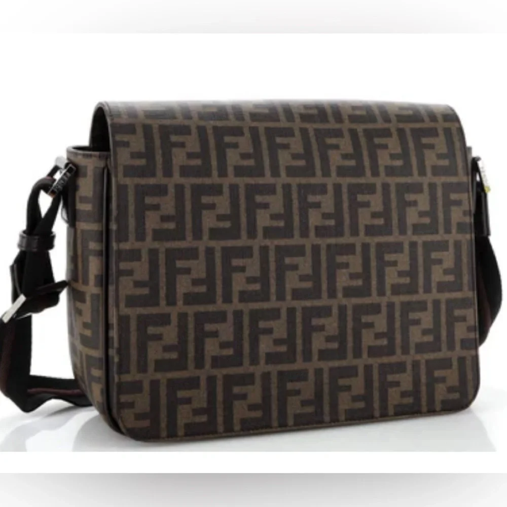 Fendi Mens Flap Messenger Bag Zucca Coated Canvas Medium